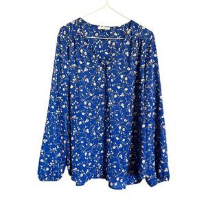 Pleione Women's Size Large Blue Floral V Neck Long Sleeve Blouse Top